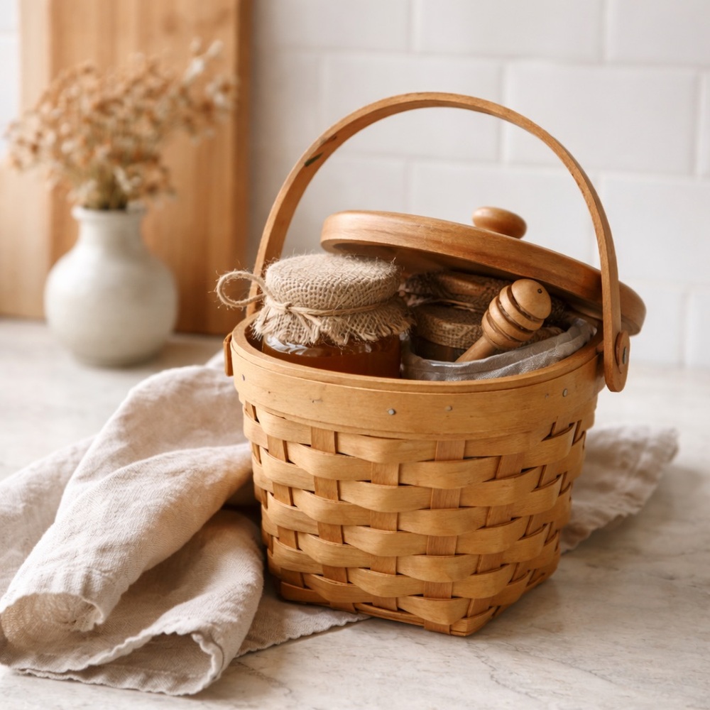 Longaberger Handwoven Lidded Basket Handle Liner Insert Cottage Kitchen Decor